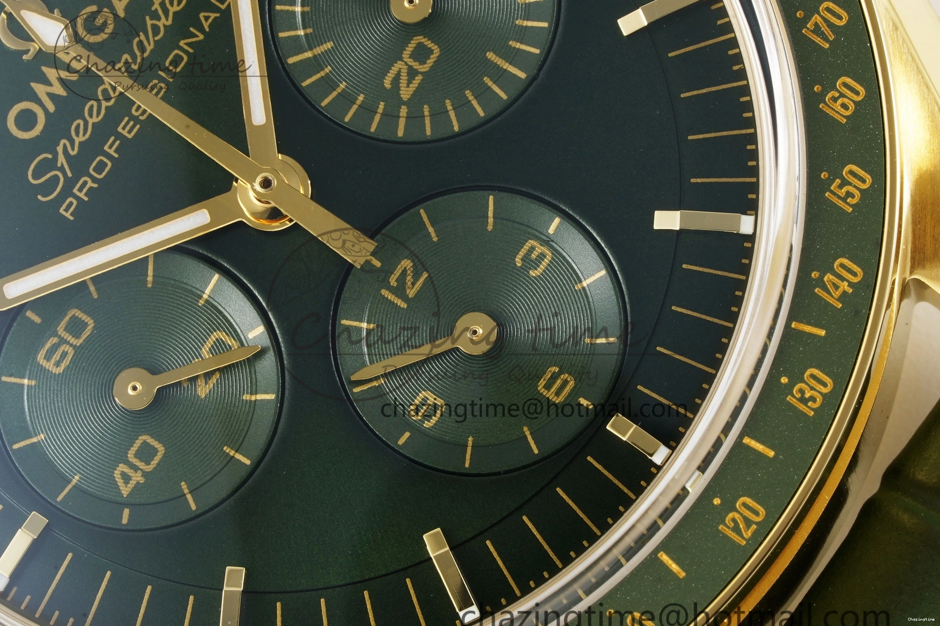 0404 Speedmaster Moonwatch in Moonshine Gold YG RMF Best Edition Green Dial on Green Leather Strap Manual Chrono EasyCare 7832